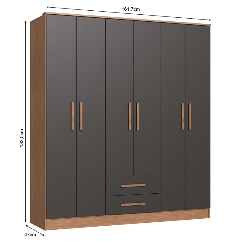 Closet Pequim 6 Puertas 2 Cajones Gris Oscuro