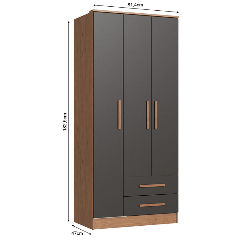 Closet Pequim 3 Puertas 2 Cajones Gris Oscuro