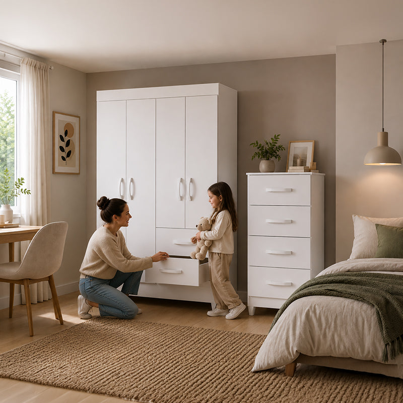 Set Clóset 4 Puertas 2 Cajones + Cómoda 4 Cajones Blanco