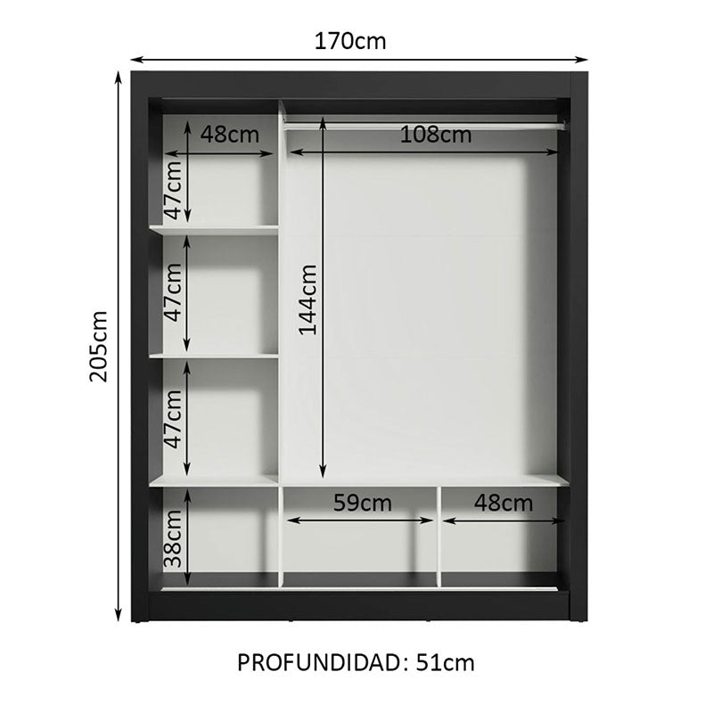 Clóset Monaco Negro 3 Puertas 170 Cm Moderno