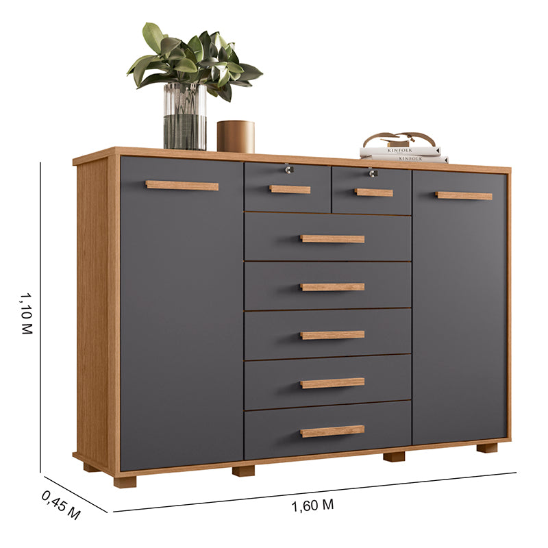 Cómoda Fontana Gris 2 Puertas + 7 Cajones