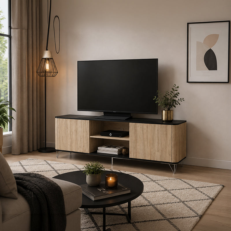 Rack TV Cartagen Rustic Oscuro 2 Puertas Hasta TV de [Pendiente]
