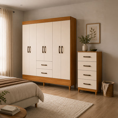 Set Clóset 6 Puertas 2 Cajones + Cómoda 4 Cajones Beige