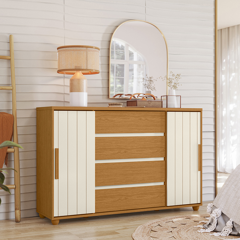 Cómoda Evidenza Rustic 2P 4C en dormitorio decorado – mueble rústico de almacenamiento