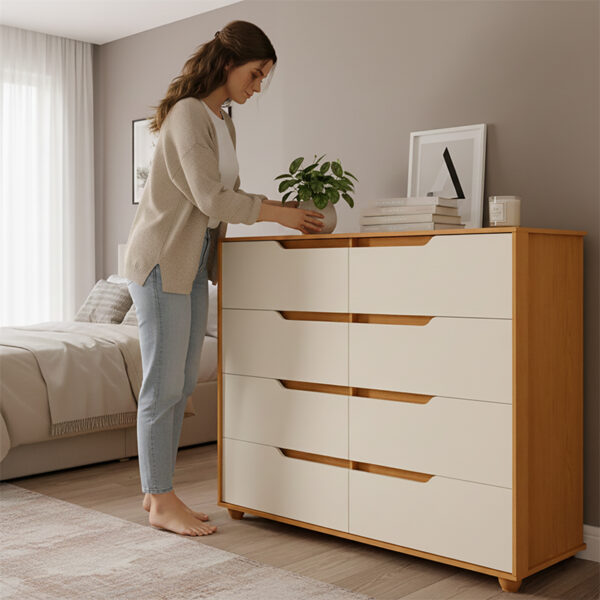 Cómoda Doble Evo con persona en dormitorio decorado – mueble funcional y moderno