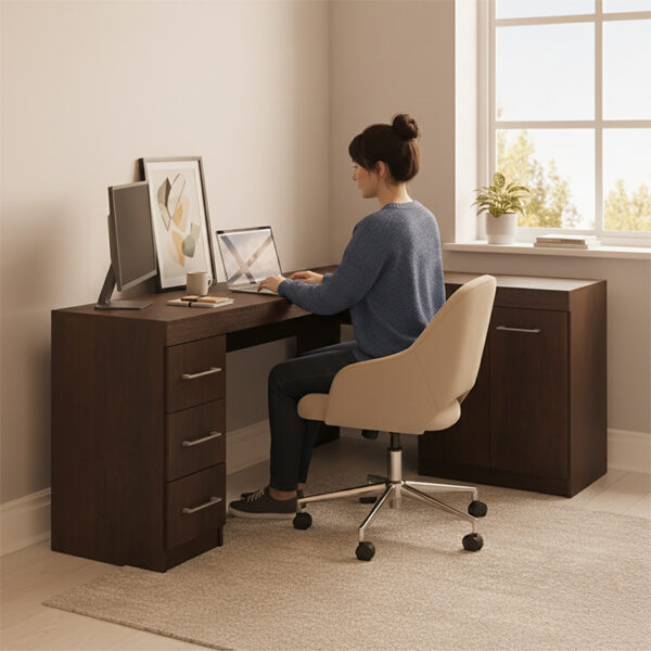 Escritorio New Llaima en ambiente decorado con persona – mesa de trabajo moderna