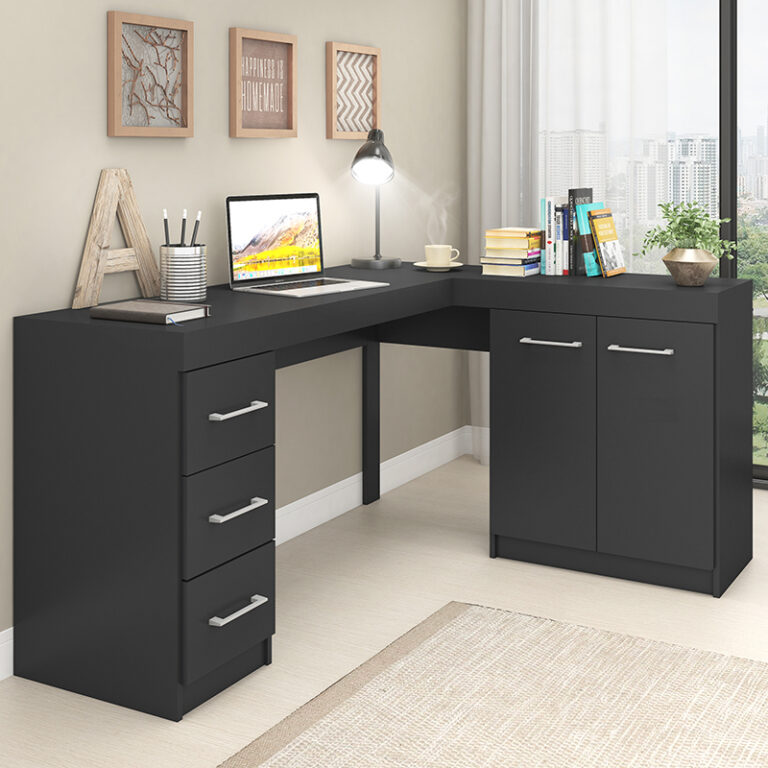Escritorio Esquinero Grafito en esquina decorado – área de trabajo ordenada