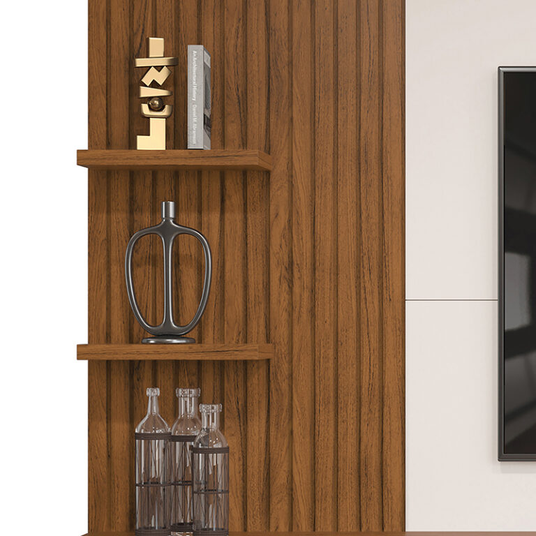 Panel Bento Light 60″ detalle estante y puerta – mueble de TV moderno