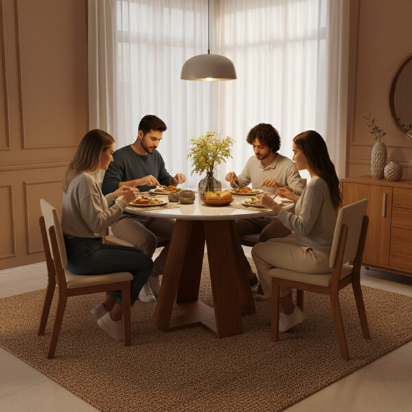 Comedor Celeste Talia 4S con comida servida – estilo funcional