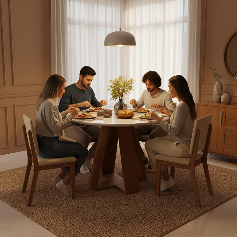 Comedor Celeste Talia 4S con comida servida – estilo funcional