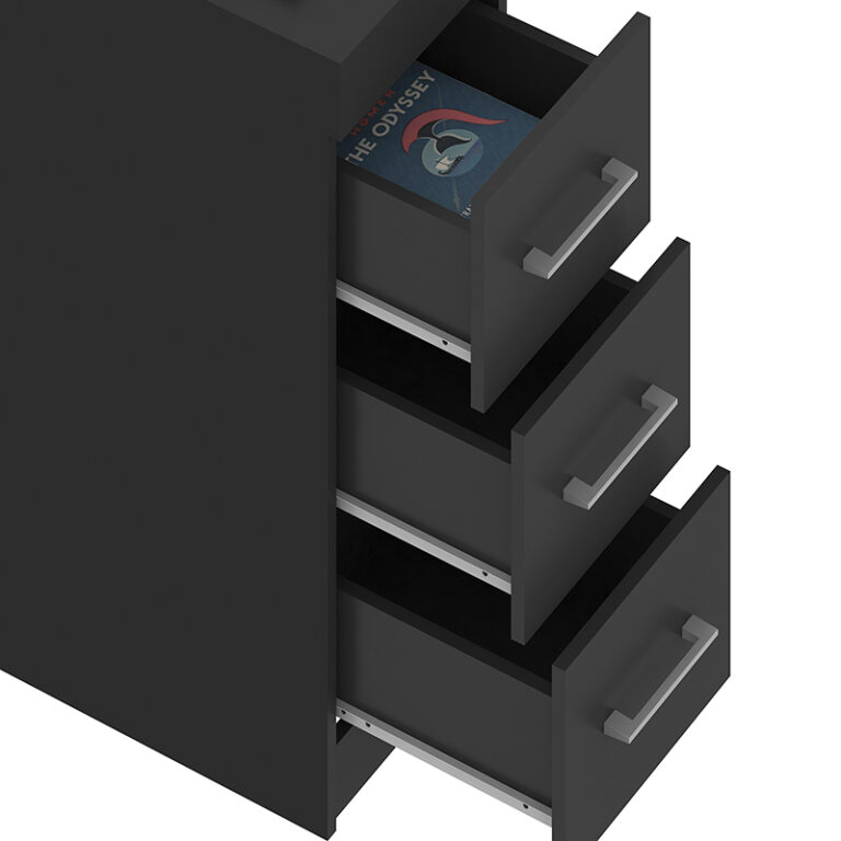 Detalle cajones del Escritorio Esquinero Grafito – espacio de trabajo amplio y funcional