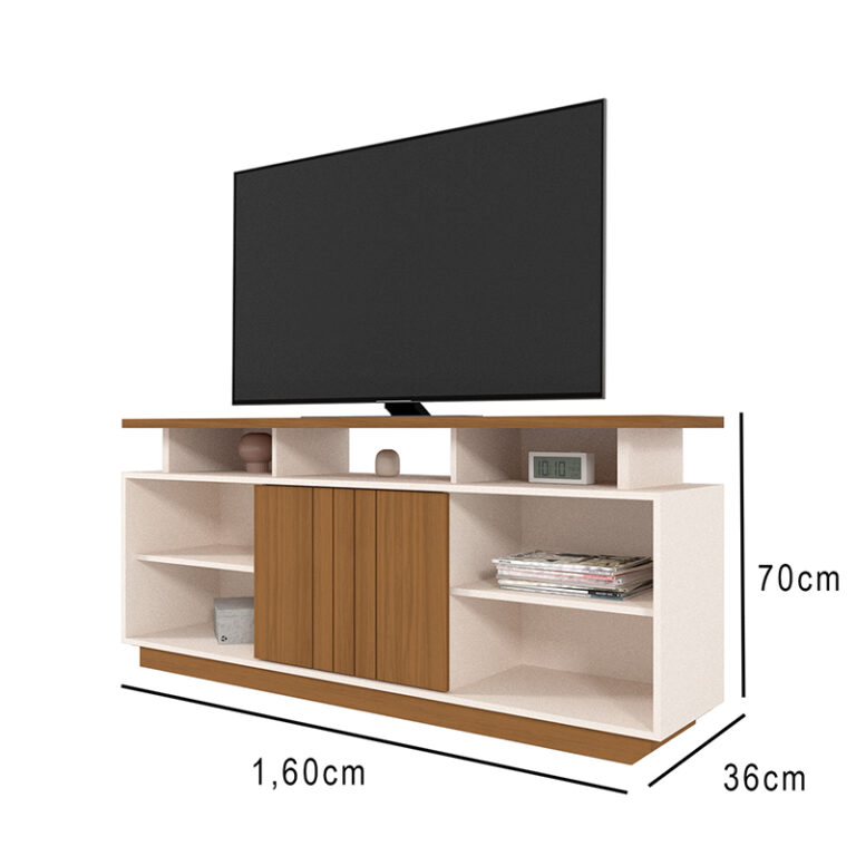 Rack Salvador 75″ vista lateral organizando consola y accesorios multimedia con medidas