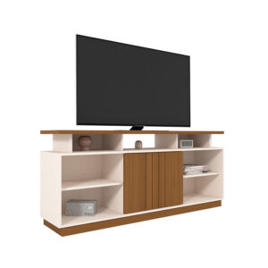 Rack Salvador 75″ vista lateral organizando consola y accesorios multimedia