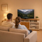 Rack Salvador 75″ con TV de 75″ en sala decorada con personas